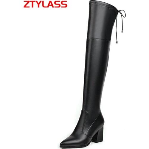 Autumn Winter Women Boots Stretch Over The Knee Boots Women Square High Heel Long Boots Ladies Pointed Toe Zipper Shoes