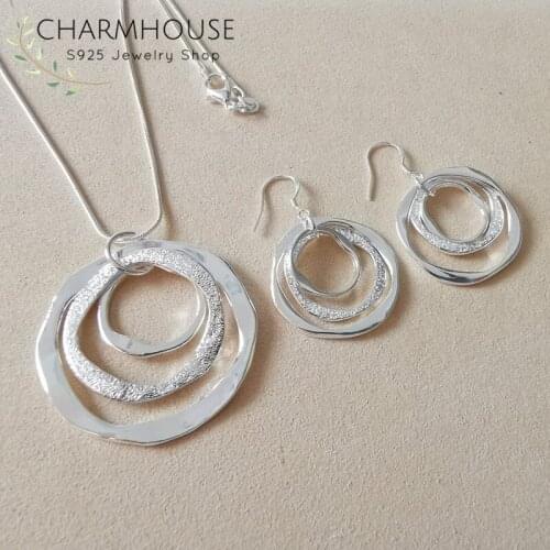 Silver 925 Jewelry Sets For Women Multi Circles Round Pendant Necklace Earrings 2 pcs Jewellery Set 2020 New Accesories Bijoux