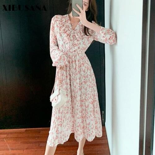 XIBUSANA V-neck Pleated Dress Women 2021 Spring Autumn Female Long Sleeve Vintage Printed Floral Casual Chiffon Dresses Vestido