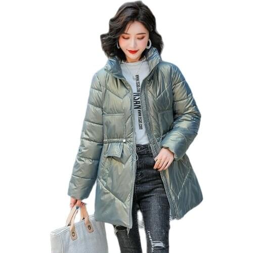 Women Winter Stand Collar Windproof Big Pocket Midi Glossy Coat Puffer Jacket Cotton Padded Parkas Outwear Overcoat