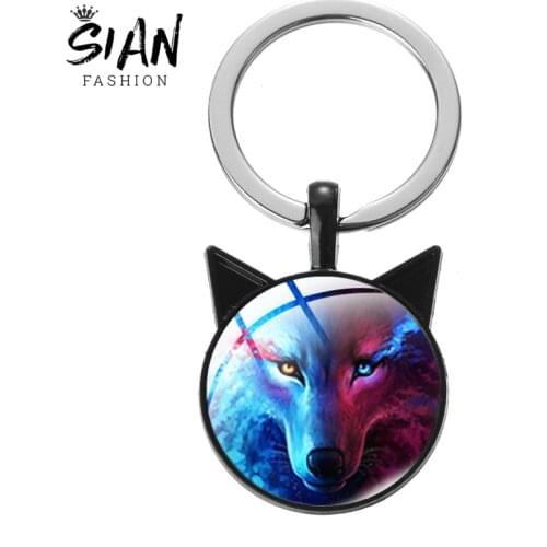 SIAN Vintage Wolf Cat Ears Keychain Black Wolf Animal Pendant Glass Cabochon Metal Holder Key Chain Punk For Men Jewelry Gift