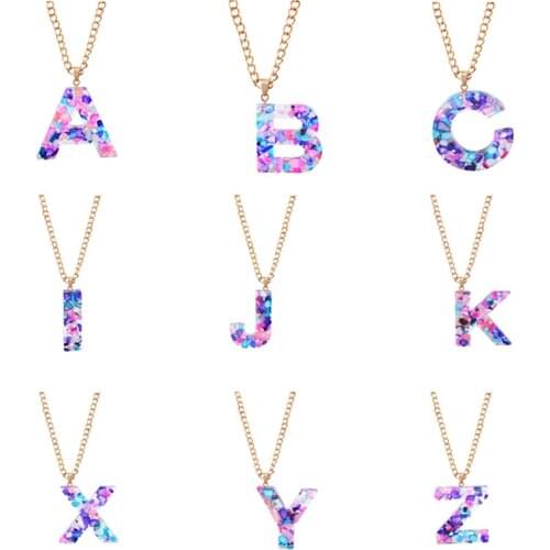 Bling Purple Initial Letters Necklace for Women Shining Resin 26 A-Z Pendant For Jewelry Cut Letters Single Name Collar Necklace
