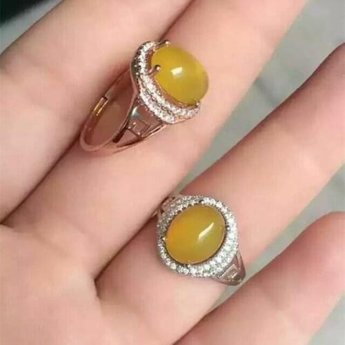 KJJEAXCMY fine jewelry 925 Pure silver natural Yellow Chalcedony medulla female ring inlay decoration micro simple oval