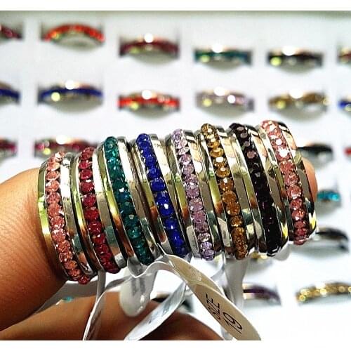 New 36PCs One Row Rhinestone Full Circle Stainless Steel Band Rings Multi-Color wholesale lots