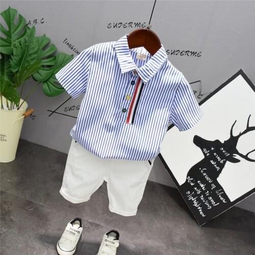 Baby Boys Summer Clothes Set New Fashion Short Sleeve Blue Stripe Shirt+White Half Length Pant Children Clothing Sets For 2-7Yrs