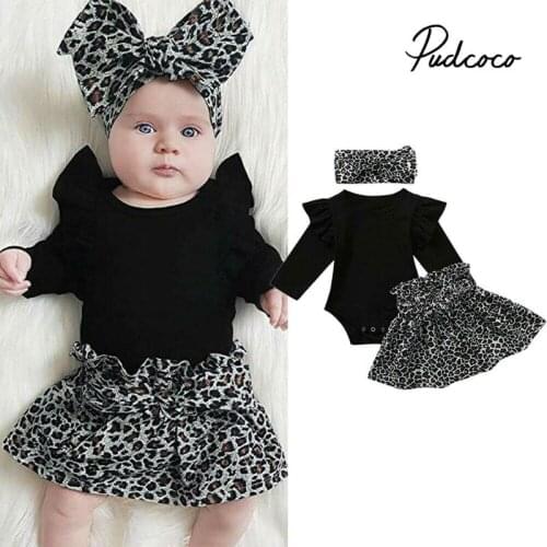 3Pcs Newborn Clothes Baby Girls Clothing Set Casual Black Bodysuit Tops+Leopard Mini Skirts+Headband Infant Outfits