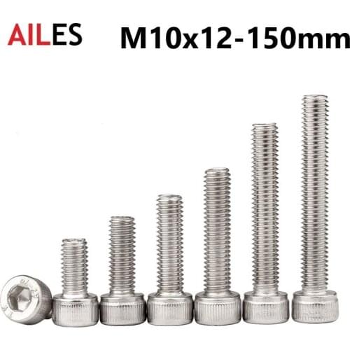 M10 304 Stainless Steel Allen Hexagon Hex Socket Cap Head Screws Bolt DIN912 M10x12 14 22 25 30 35 40 45 90 100 110 130 150mm