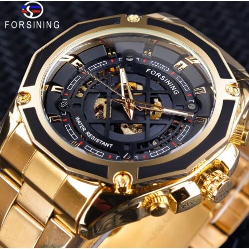 Forsining 3D Transparent Design Gold Stainless Steel Mens Automatic Watch Top Brand Luxury Male Skeleton Clock Montre Homme