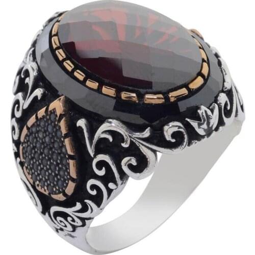 925 Sterling Silver Facet Cut Red Zircon Stone Silver Mens Ring with Drop Figure Ring for Men Gemstone Ring Exclusive ring