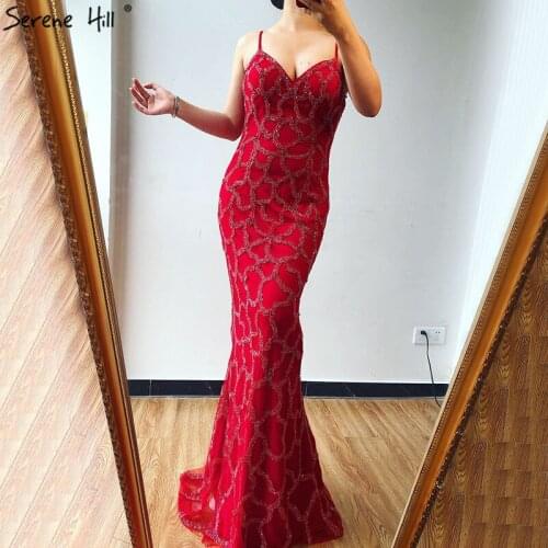 Dubai Red Beading Sleeveless Prom Dresses 2020 Sweetheart Sexy Mermaid Prom Gowns Design Serene Hill BLA70210