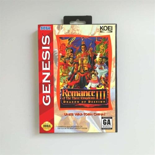 Romance of the Three Kingdoms III Dragon of Destiny - USA Cover With Retail Box 16 Bit MD Game Card for Sega Megadrive Genesis