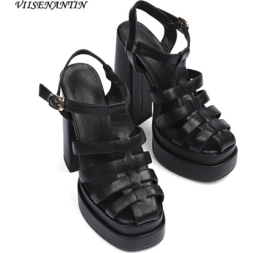 New Leather Woven High Heels Square Toe Thick Heel Platform Platform Cowhide Toe Cap Hollow Super High Heel Roman Sandals