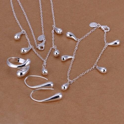 Silver color wedding Women jewelry classic water drop pendant necklace bracelets earrings ring fashion jewelry sets S218