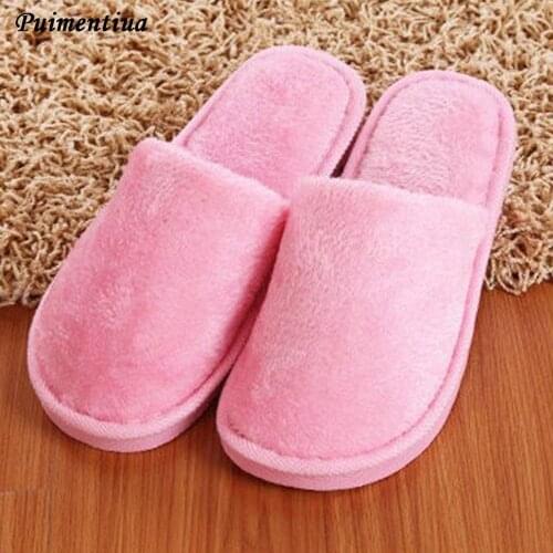 Puimentiua Winter Indoor Women Slippers House Plush Soft Cotton Slippers Non-slip Floor Shoes Home Slippers Women Slides