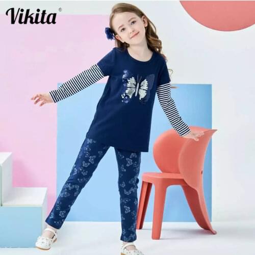 VIKITA Baby Girl Clothes Reversible Butterfly Sequins Long-Sleeve T-Shirt Legging Suits Girls Clothing Sets Children Clothing
