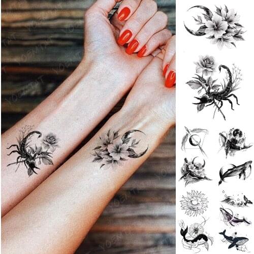 Waterproof Temporary Tattoo Sticker Scorpion Moon Rose Flash Tatoo Whale Ocean Hand Wrist Fake Tatto For Body Art Women Men