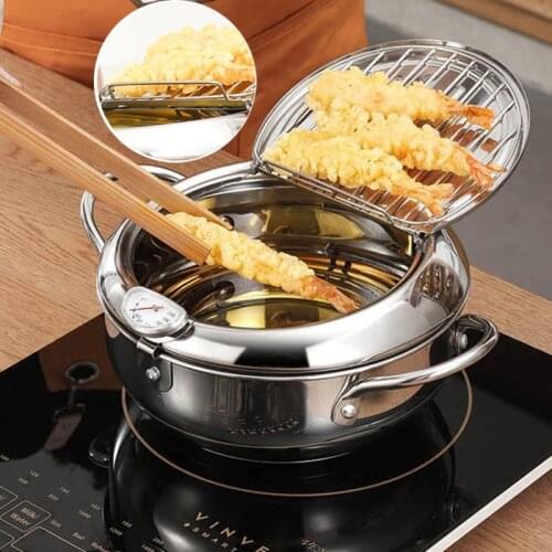 Japanese Deep Frying Pot with Thermometer Tempura Fryer Pan Temperature Control Fried Chicken Pot Cooking Tools Kitchen Utensil