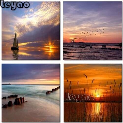 Sunset,ocean Beach,Sailboat,4 pieces/set,5d Diy Diamond Painting landscape Square/Round Drill Cross Stitch Wedding Decor gift