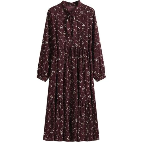 Women Casual Autumn Dress Lady Vintage Floral Printed Chiffon Dress Long Sleeve Bow Midi Spring Loose Dress Vestido