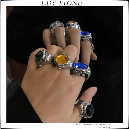 EDY Punk Trend Colorful Gems Creativity Vintage Multicolor Quartz Watch Elasticity Ring For Men Women Girls Party Jewelry Gift