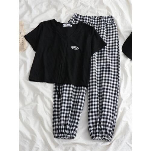 Women Sets O-neck Solid Crop Tops Short Sleeve T-shirts Elastic Waist black lattice pants set Leisure Summer korean Style suit