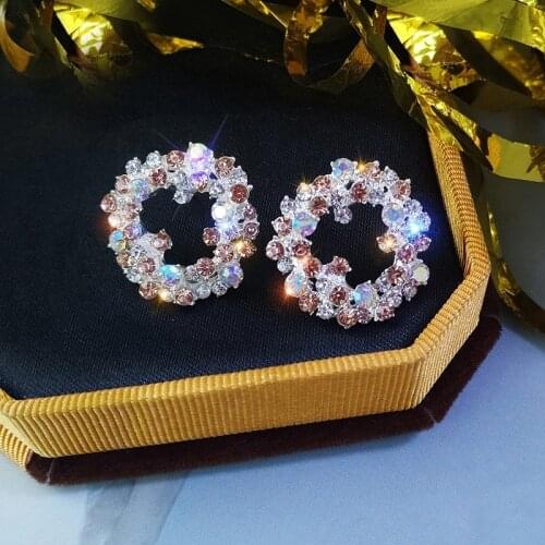Women Jewelry Sparkle Crystal Multicolor Ring Stud Earrings Silver Needle Circle Temperament Korean Versatile Personal Earrings
