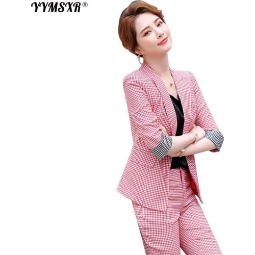 Plus Size Womens Casual Plaid Jacket Pants 2-piece Suit Elegant Fashion Ladies Professional Suits Half Sleeve Jacket Slim Pants