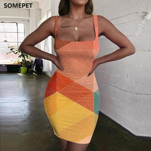 SOMEPET Geometry Dress Women Colorful Sundress Pattern 3d Print Art Halter Sleeveless Womens Clothing Club Beach Korean Style