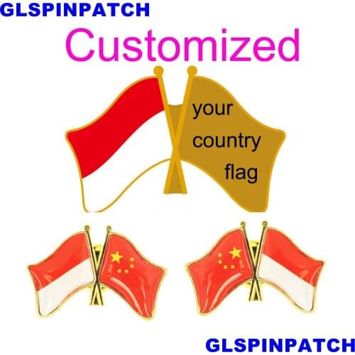 Indonesia Crossed Friendship Flag Double Country lapel pin Brooch USA UK France Chile Russia Saudi Arabia Japan Spain Badge