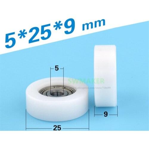 1pcs 5*25*9mm POM wrapped 625 bearing wheel, M5 M6 Thread flat guide roller pulley M6x25x9mm