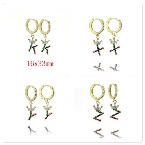2021 New Styles Initial Alphabet 26 Letter A-Z Name Charm Crown Pendant Paved CZ Round Earring Women Drop Earrings Elegant Gift
