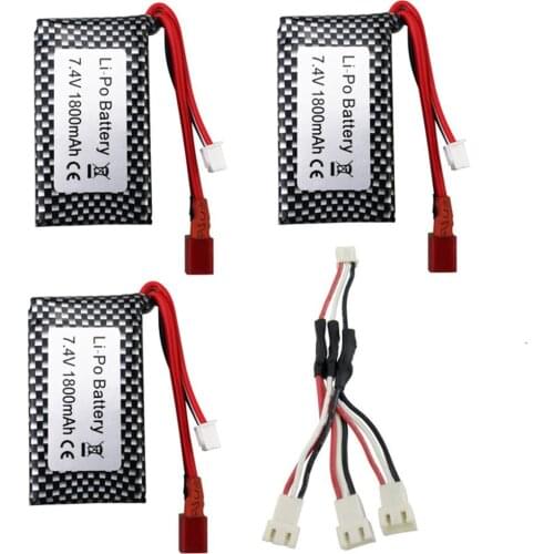 3PCS 7.4V 1800mAh High-rate Lithium Battery With 1 To 3 Conversion Cable For WLtoys A959-B A969-B A979-B K929-B 144001 Car Parts