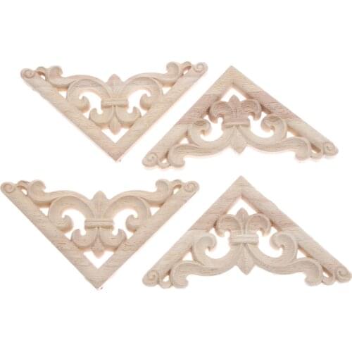4pcs/kit Vintage Wood Carved Decal Corner Onlay Applique Frame Furniture Wall Unpainted Home Door Decor Flower 12cm Triangle