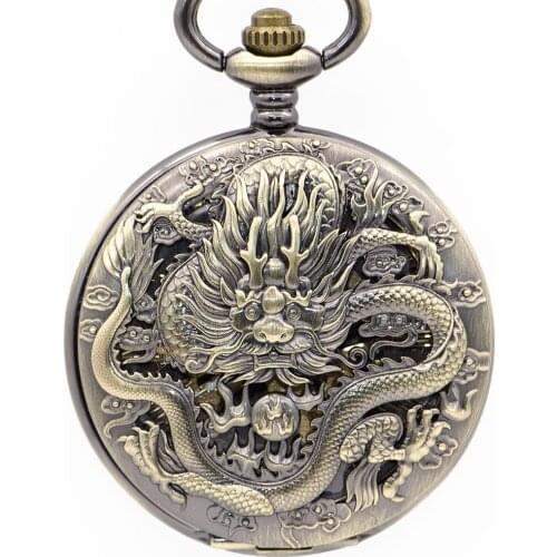 5pcs Drop Shipping Fashion Mens Pocket Watches Mechanical Hand Wind Casual Fob Watch Dragon Logo Carving Mens Gift Watches