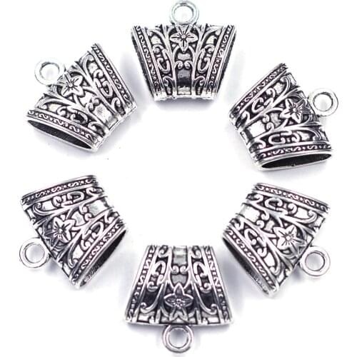 50Pcs Silver Tone Flower Floral Carved Bail Beads For Wrap Scarf Jewelry Finding 23x23mm