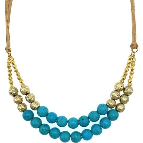 2 Strands Of 10mm Turquoise Necklace Hammered Gold Beads Beige Velvet Leather For Women Girls Gift 18 Inch