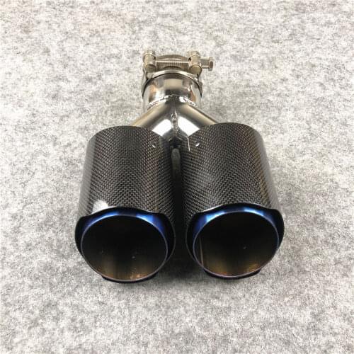 One Piece Shiny Carbon Universal Y Style 2 Outlet Pipes Exhaust Tips For Akrapovic Blue Stainless Steel Car Pipe