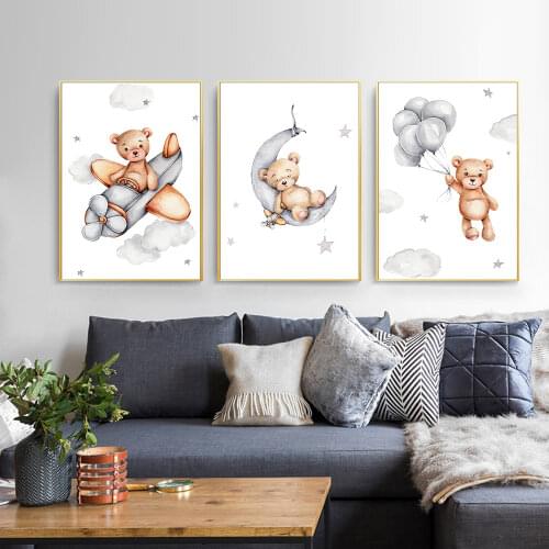 Child Poster Baby Nursery Wall Art Print Bear Balloon Cartoon Animal Canvas Painting Pictures Nordic Kids Bedroom Decoration