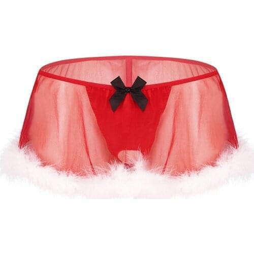 Men Sexy Sissy Panties Lingerie Christmas Gay Erotic Underwear Sheer Tulle White Feather Open Croch Skirted G-strings Male Boxer