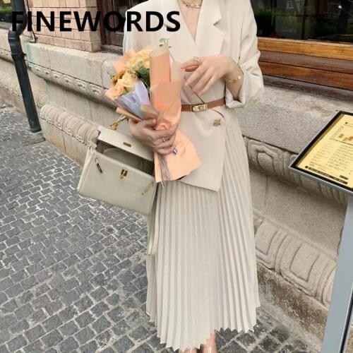 FINEWORDS Elegant Ladies Korean Autumn Dress Long Sleeve Vintage Office Dress With Belt Beige Winter Casual Pleated Long Dresses