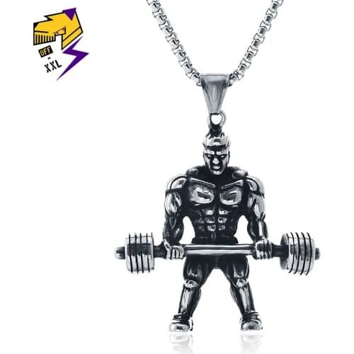 Fitness Muscle Men Dumbbell Pendant Necklaces 70cm Long Silver Box Chain Stainless Steel Sport Gym Necklace Hip Hop Jewelry