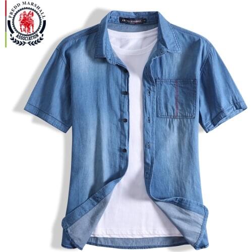 Fredd Marshall 2020 New Fashion Short Sleeve Casual Denim Shirt Men 100% Cotton Work Pocket Shirts Male Regular Fit Shirt 56005