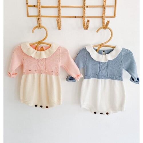 Ins Hot Sale Baby Girls Stitching Color Knit Long Sleeve Romper