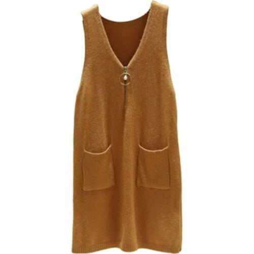 Korean Women Spring Autumn Sleeveless Knitted Vest Female V Neck Sweater Pullovers Ladies Casual Loose Mid-length Dress Tops