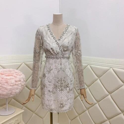 Lace Sexy Luxury Embroidered V-Neck Sequin Dress Slim Long Sleeve Mini Dress Women Elegant Party Light Dresses Summer Clothes