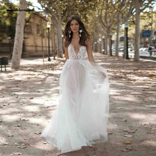 Lakshmigown Sexy Women Beach Wedding Dress Backless Vestidos de Verano 2021 Sparkly V-Neck Bridal Receipt Wedding Party Gowns
