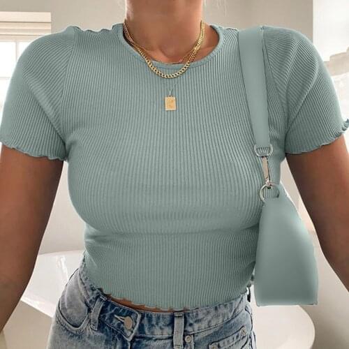 Summer Hot Streetwear Women Ladies Short Sleeve Crop Top Ruffle T-shirt Basic Femme Tank Party Bodycon Stretch Vest Tee Tops