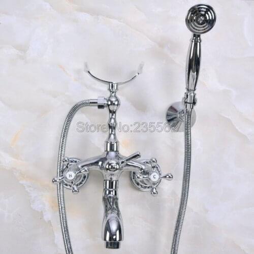 Wall Mount Chrome Clawfoot Bath Tub Filler Faucet Set Handheld Shower lna234