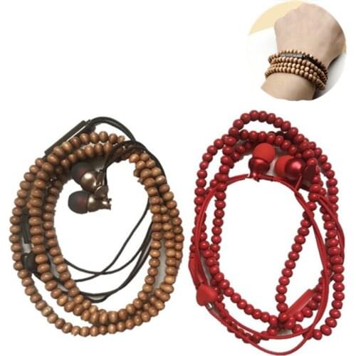 New Fashion Bracelet Earphone Wooden Beads Stereo In-ear Earbuds Noise Canceling with Microphone for Mobile Phone Mp3 Gifts
