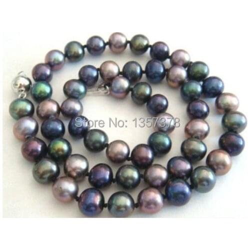 Free shipping bjc 000185 7-8mm TAHITIAN GENUINE BLACK PEACOCK GREEN PEARL NECKLACE